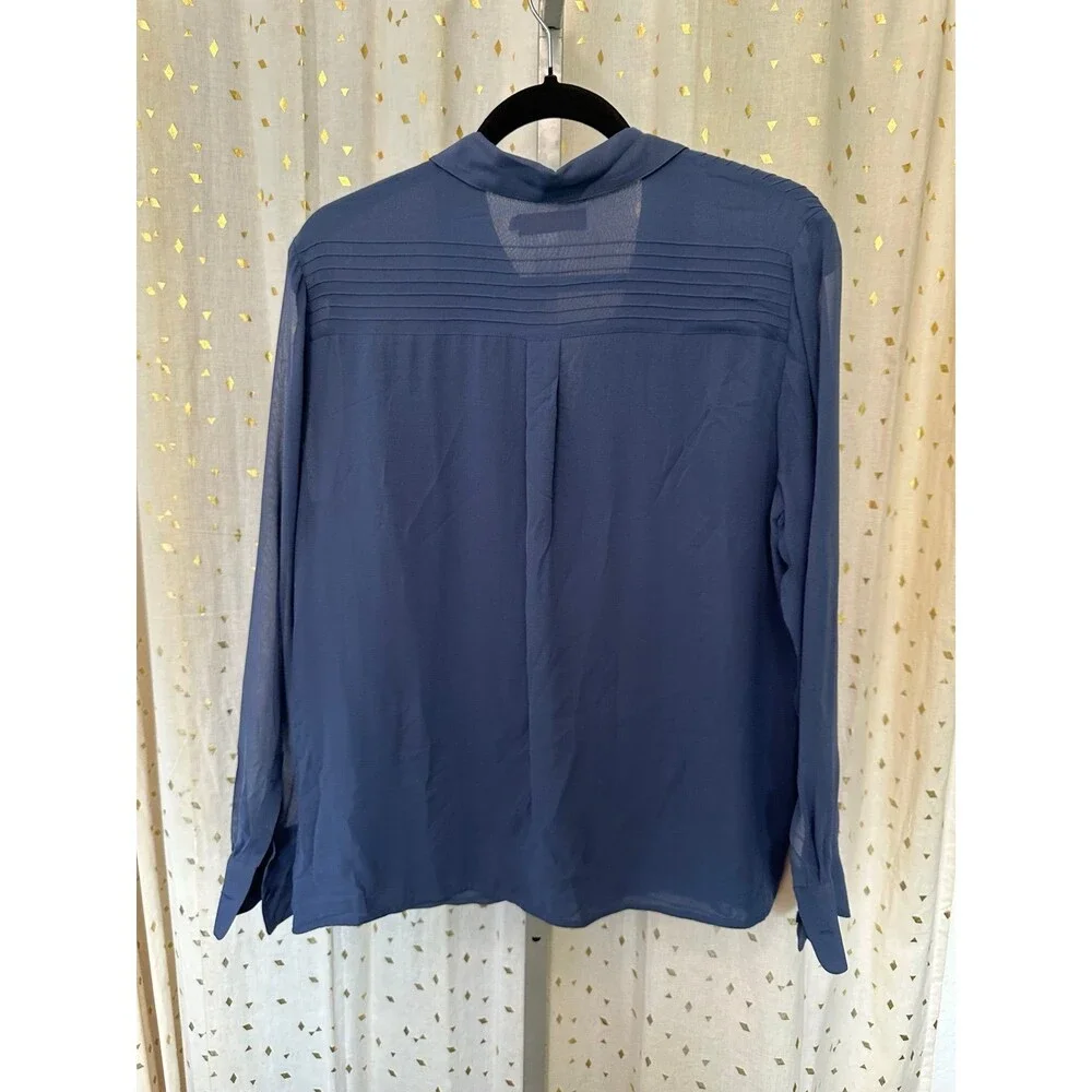 Tory Burch 100% Silk Slate Blue Pintuck Pleats Button Down Blouse 12